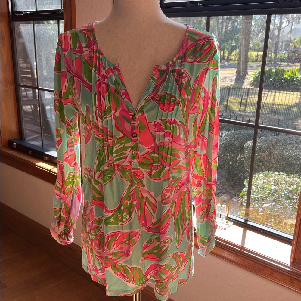 Lilly Pulitzer Pink and Green Leaf Print Blouse